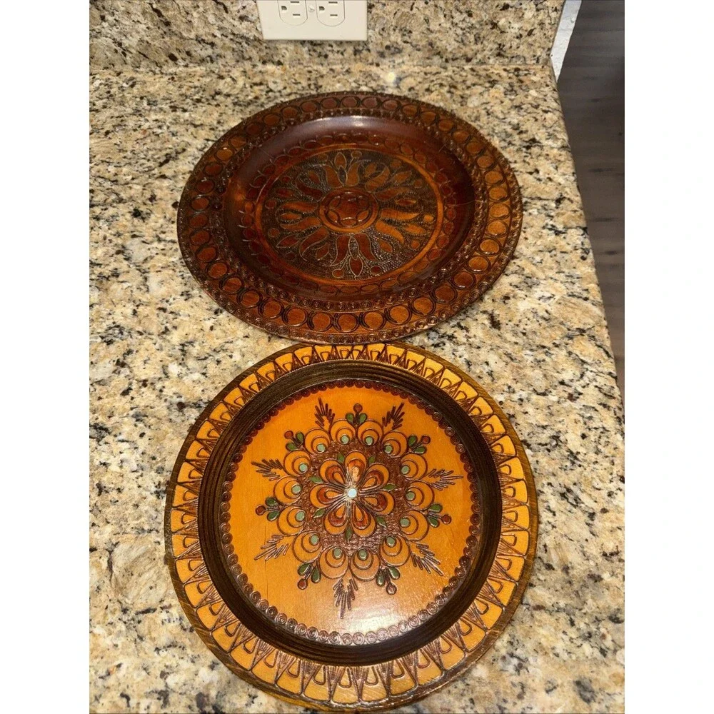 Vintage Hand Crafted Polish Folk Art Wood Plates Matching Set of 2